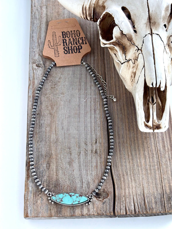 Navajo Pearl Bead & Turquoise Stone Pendant Choker Necklace