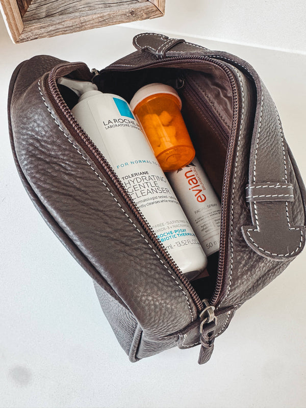 Boot Stitch Leather Toiletry Makeup Shaving Travel Bag