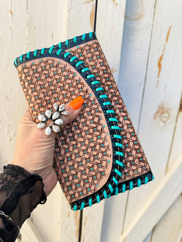 Kingman Blue Phone Clutch | Stamped Southwestern Leather Wallet Clutch with Whipstitch & Painted Turquoise Detail