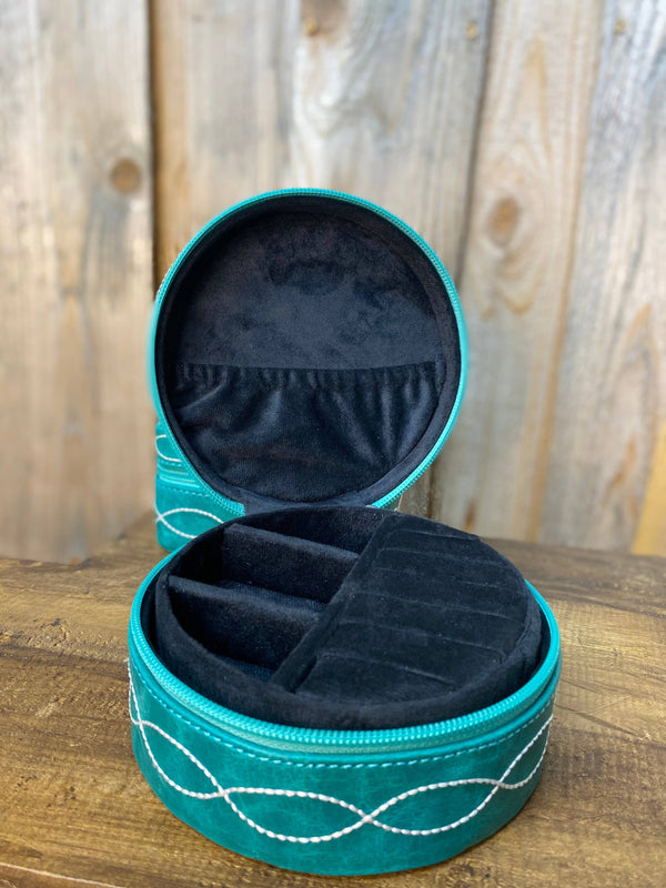 Turquoise Round BootStitch Tooled Leather Jewelry Box