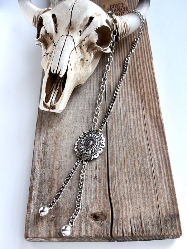 Western Concho Pendant Y Drop Chunky Chain Bolo Necklace