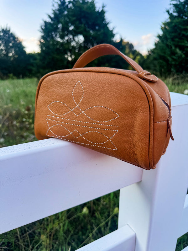 Boot Stitch Leather Toiletry Makeup Shaving Travel Bag