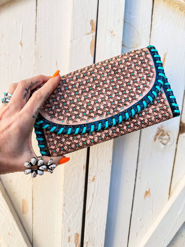 Kingman Blue Phone Clutch | Stamped Southwestern Leather Wallet Clutch with Whipstitch & Painted Turquoise Detail