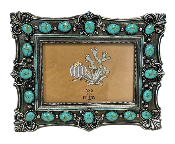 Western Ornate Scroll Turquoise Beads 6” x 4” Picture Frame