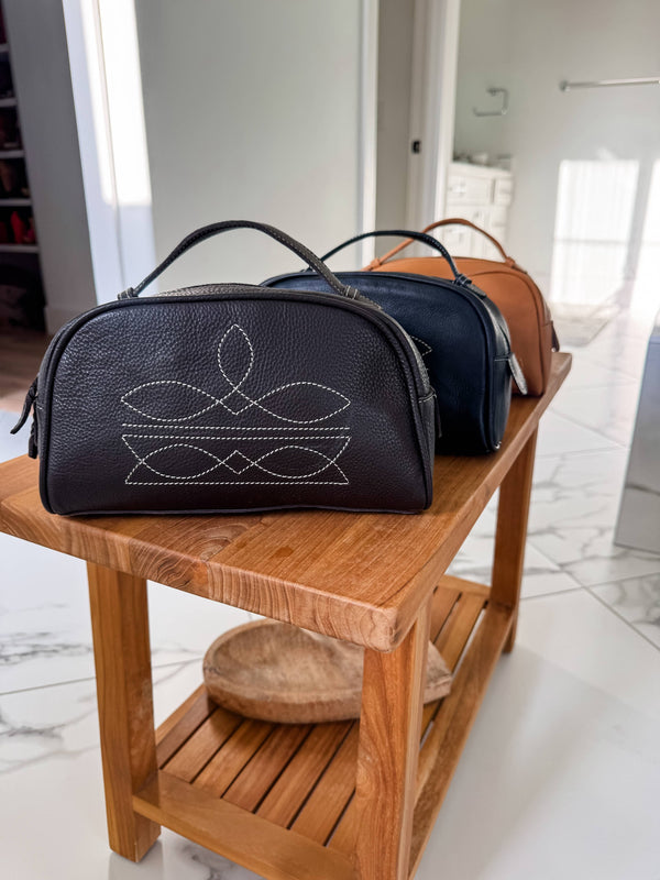 Boot Stitch Leather Toiletry Makeup Shaving Travel Bag