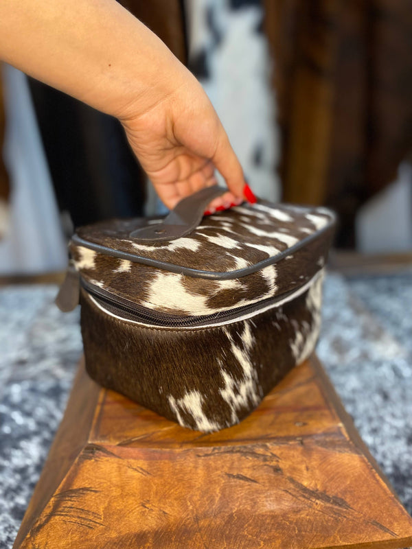 Brown Leather Cowhide Makeup Bag with Handle