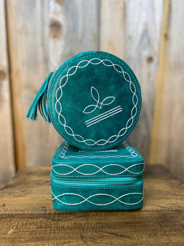 Turquoise Round BootStitch Tooled Leather Jewelry Box