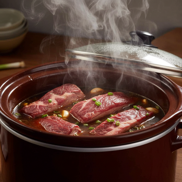 Steaming pot with raw meat on a wooden table