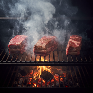 Three pieces of raw beef short ribs meat on a grill with smoke and flames below.