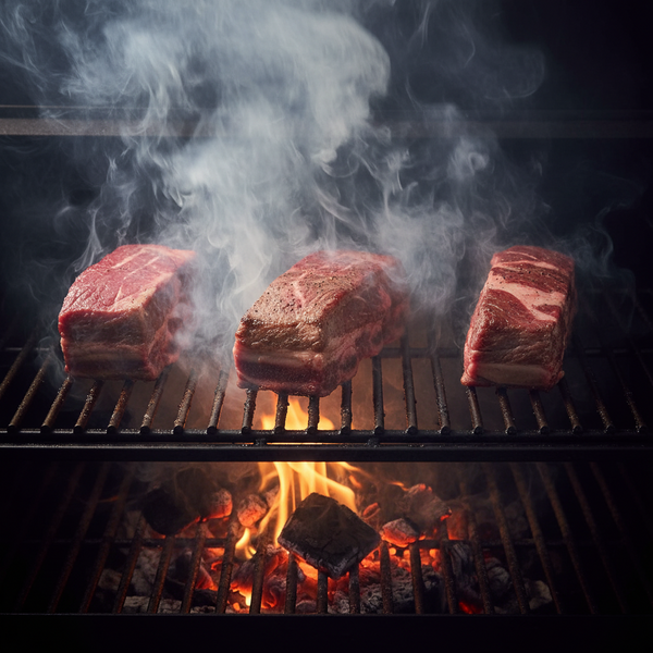 Three pieces of raw beef short ribs meat on a grill with smoke and flames below.