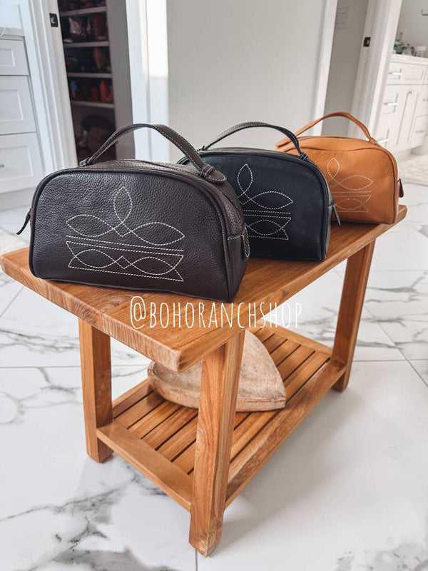 Boot Stitch Leather Toiletry Makeup Shaving Travel Bag