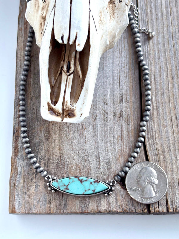 Navajo Pearl Bead & Turquoise Stone Pendant Choker Necklace