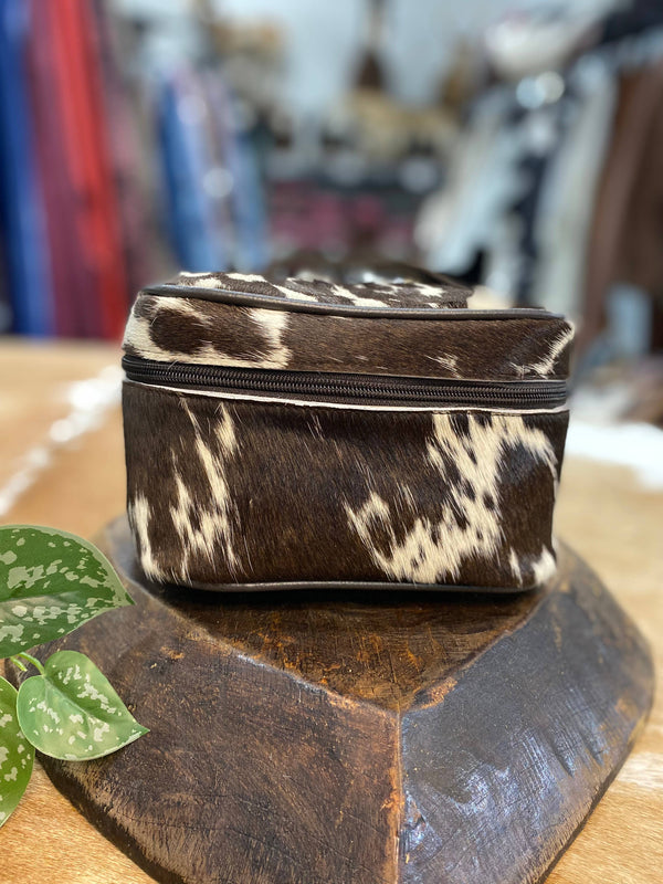 Brown Leather Cowhide Makeup Bag with Handle