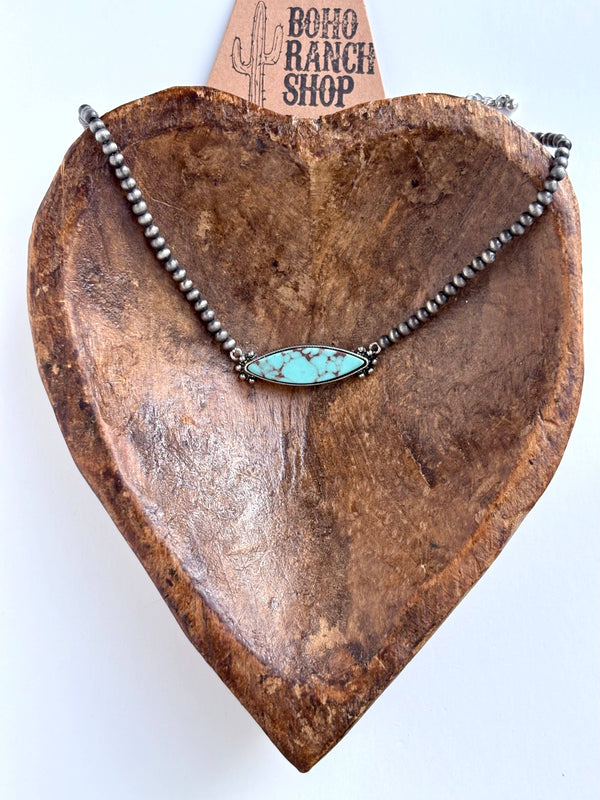 Navajo Pearl Bead & Turquoise Stone Pendant Choker Necklace