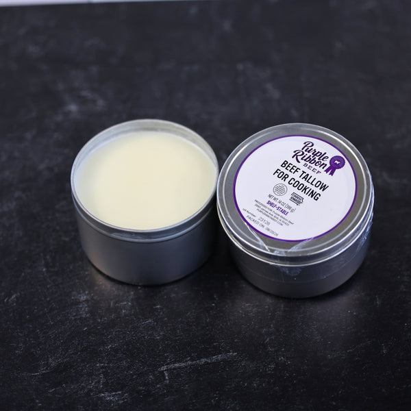 14 oz Purple Ribbon Beef Tallow for Cooking with an open tin showing the tallow