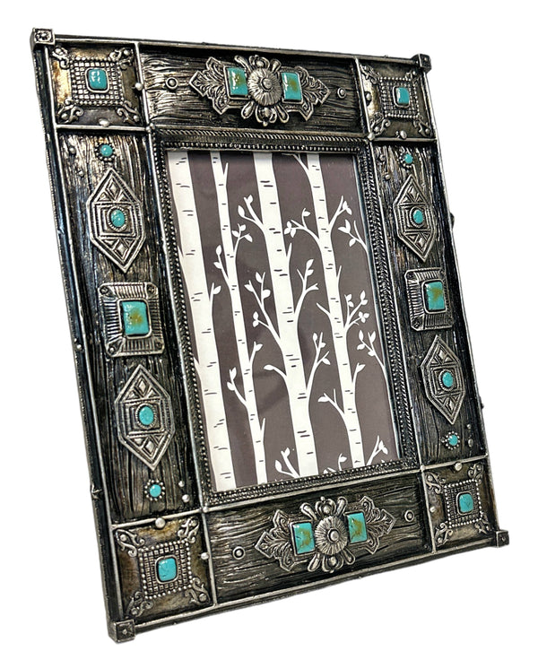 Resin Wood & Concho Turquoise Dot Bead 6” x 4” Picture Frame
