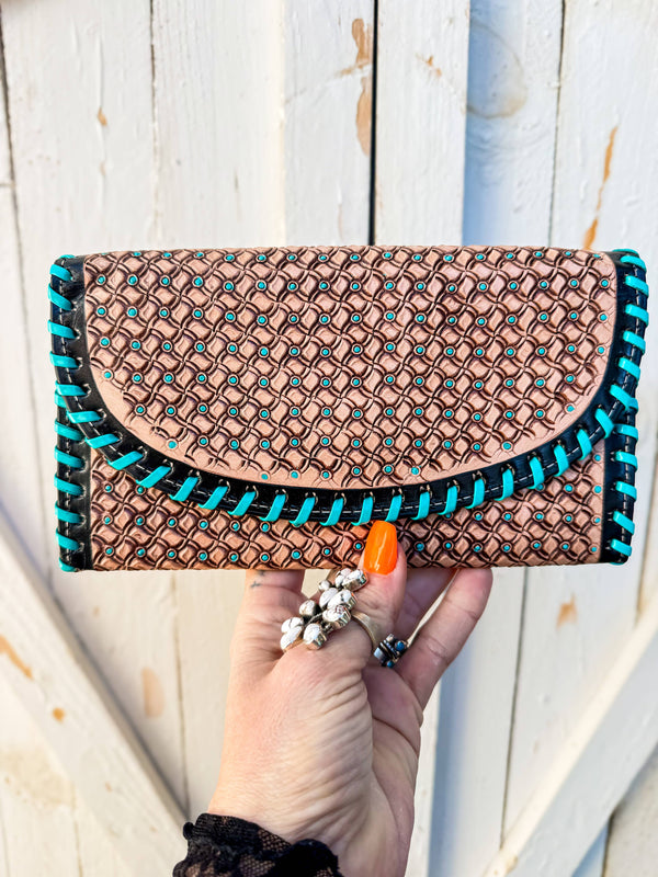 Kingman Blue Phone Clutch | Stamped Southwestern Leather Wallet Clutch with Whipstitch & Painted Turquoise Detail
