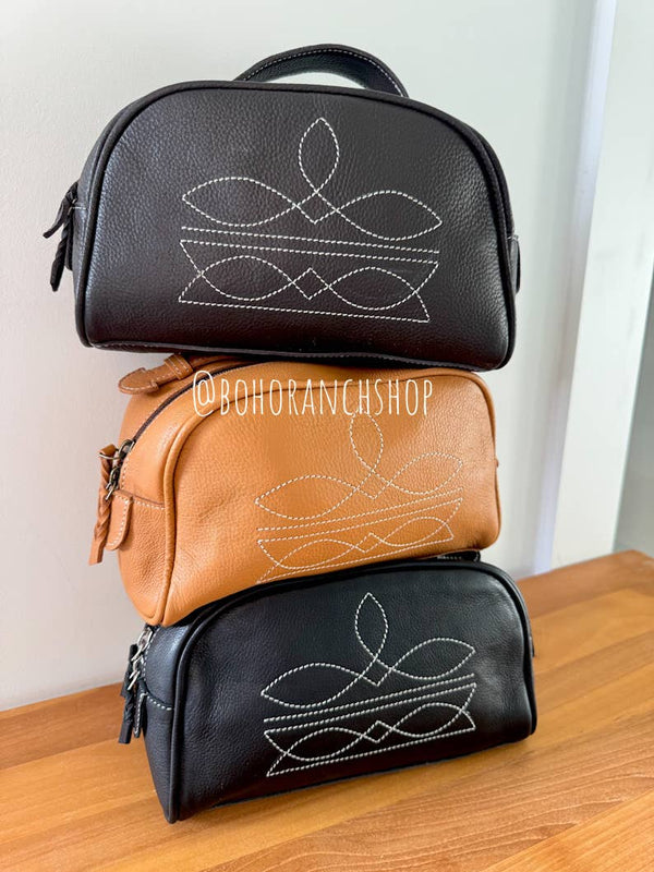 Boot Stitch Leather Toiletry Makeup Shaving Travel Bag