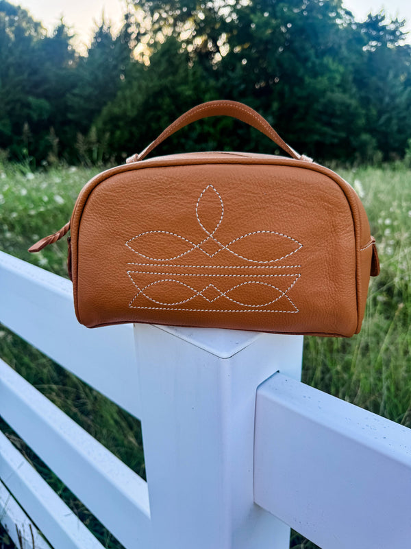 Boot Stitch Leather Toiletry Makeup Shaving Travel Bag