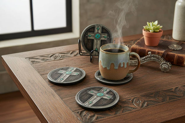 Western Cross Coaster Set with Stand