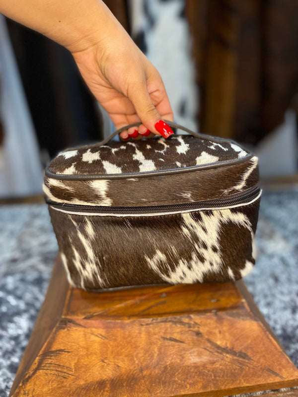 Brown Leather Cowhide Makeup Bag with Handle